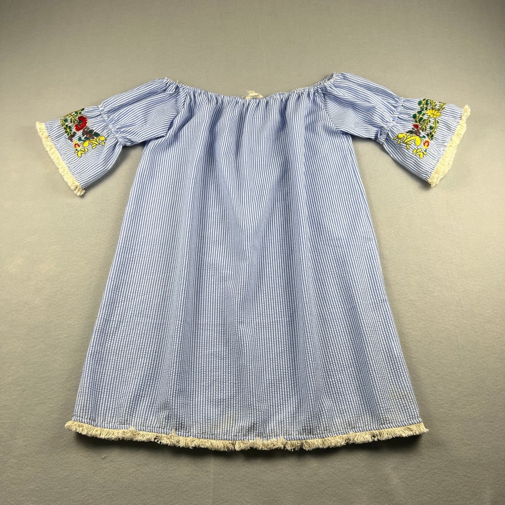 Off Shoulder‎ Seersucker Dress Stripe Embroidered Bell Sleeve Boho Cottagecore